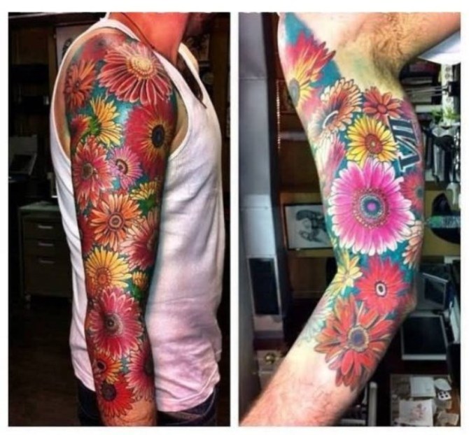 Mens Flower Sleeve Tattoo