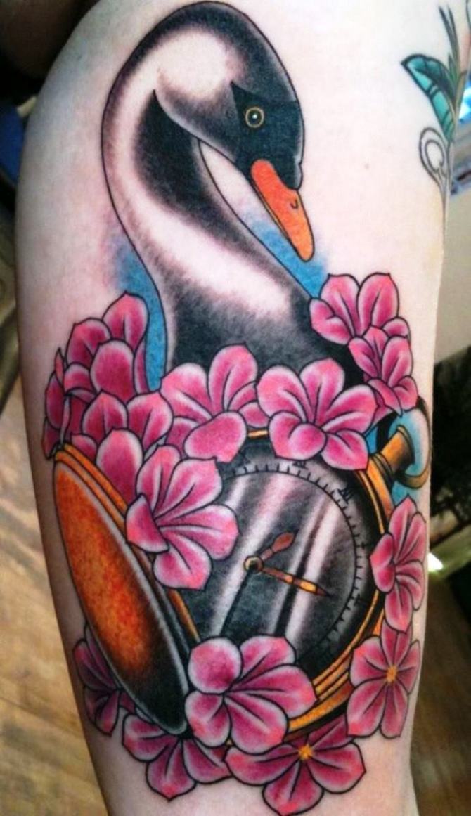 01 Black Swan and Flower Tattoo - 25 Swan Tattoos