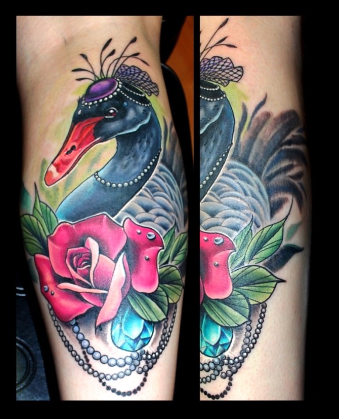 05 Black Swan Tattoo on Leg - 25 Swan Tattoos