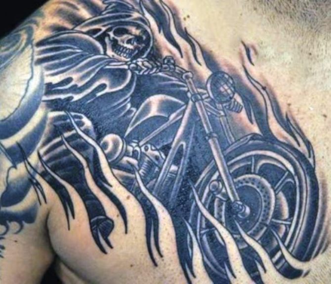 26 Skeleton on Motorcycle Tattoo