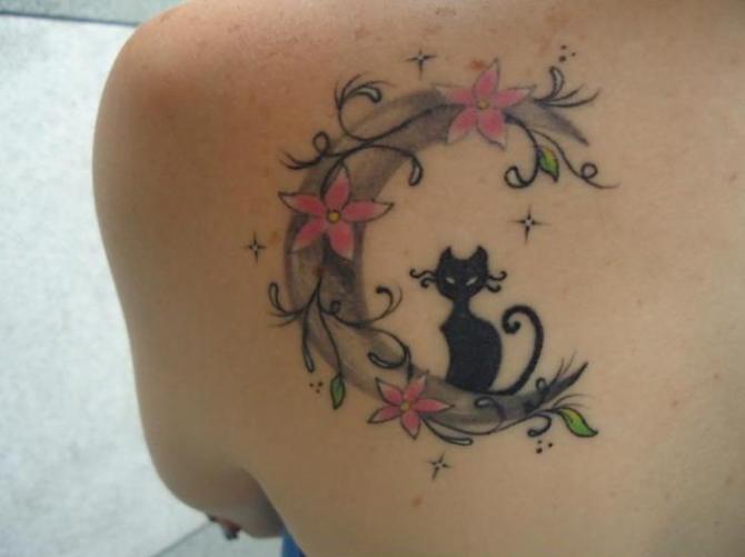 Cat and Moon Tattoo