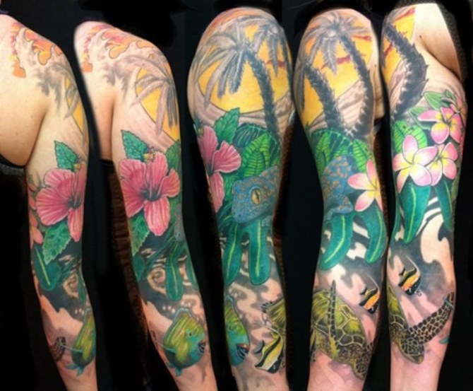 Tropical Flower Sleeve Tattoo