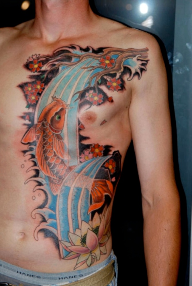  Koi Dragon Waterfall Tattoo