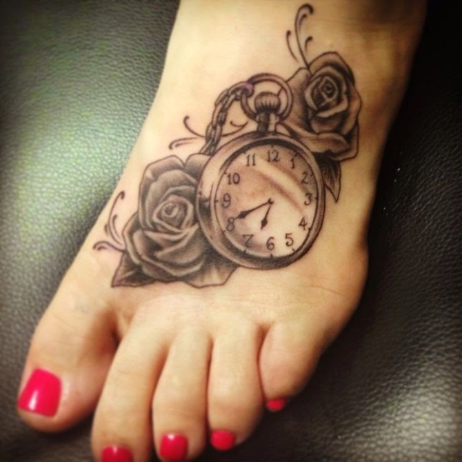 Rose and Clock Tattoo on Foot