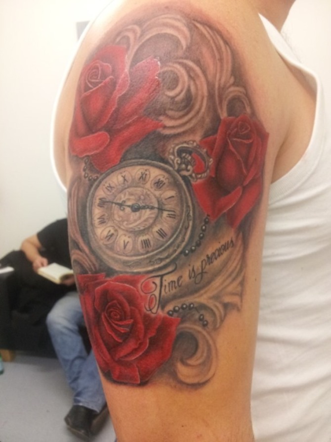 Clocks and Roses Tattoo