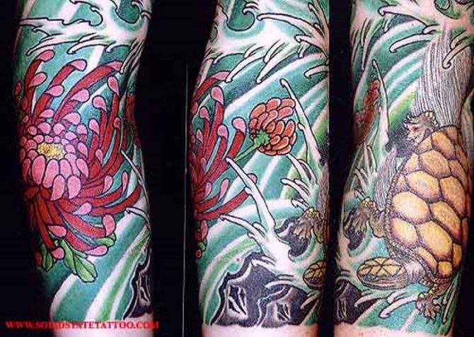 Japanese Style Turtle Tattoo - Chrysanthemum Flower Tattoos