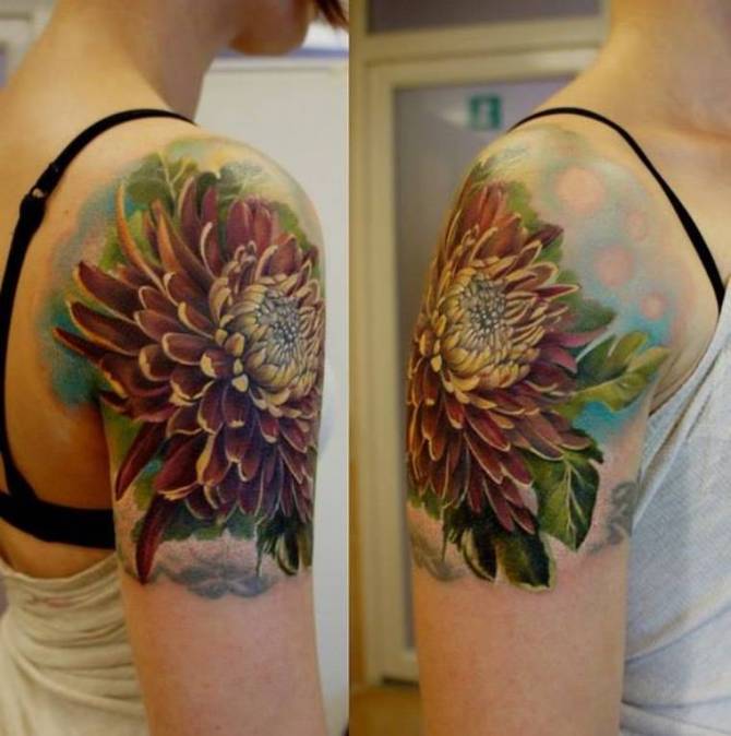 Female Tattoo on Arm - Chrysanthemum Flower Tattoos