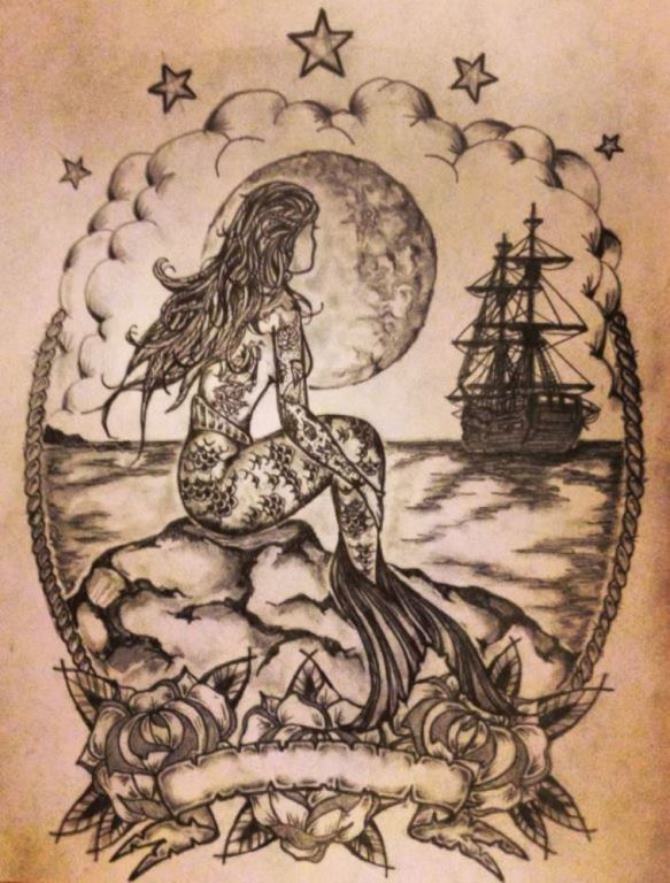 Mermaid and Ship Tattoo - 50 Mermaid Tattoos <3 <3