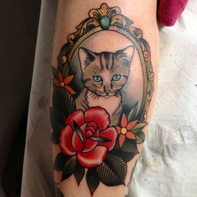 Cat and Flower Tattoo